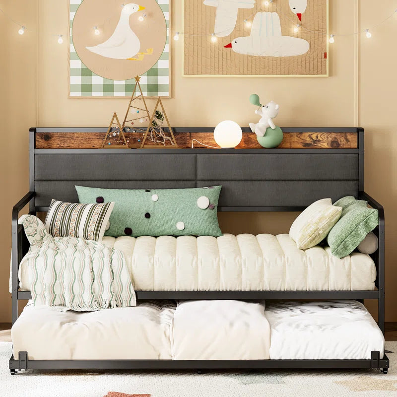 Daybed With Trundle Day Bed With Upholstered Headboard And Charging Station