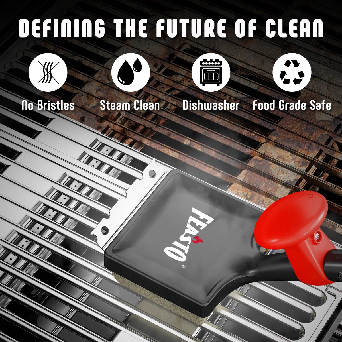Feasto Ergonomic Long-Handled Grill Steam Cleaning Brush, Multifunctional BBQ Grate Cleaner with Thermal-Sensitive Sponge & Stainless Steel Scraper