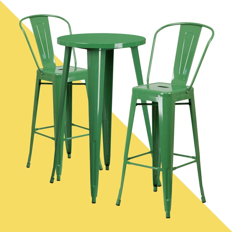 Genece Round Metal Indoor-Outdoor Bar Table Set with 2 Stools
