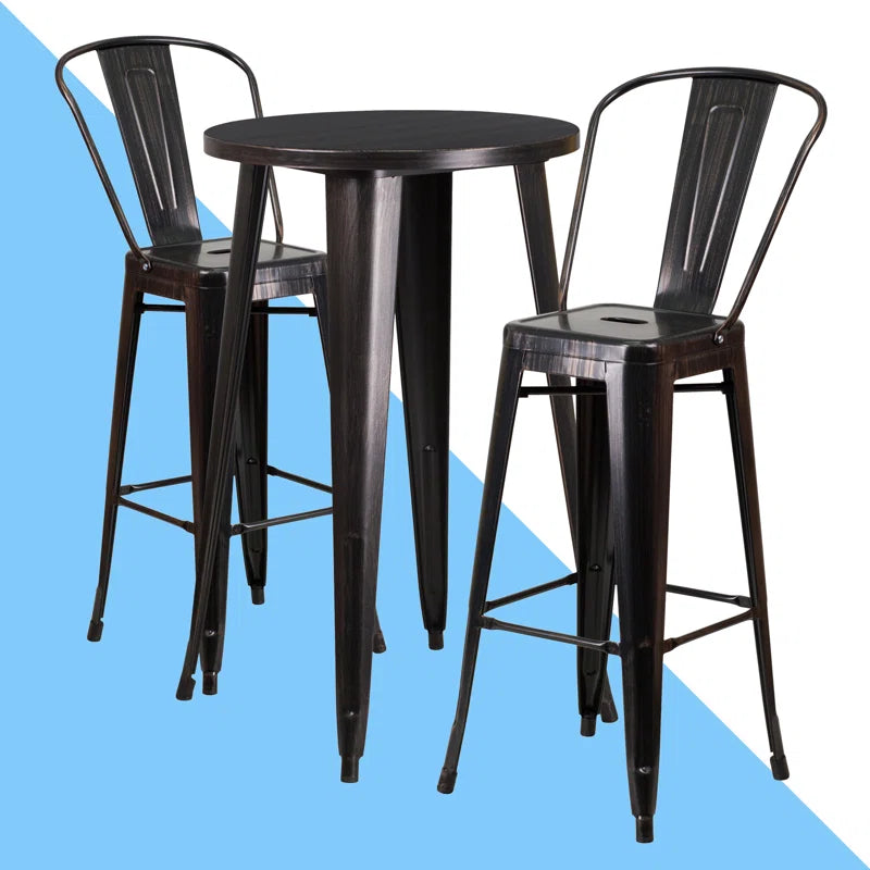Genece Round Metal Indoor-Outdoor Bar Table Set with 2 Stools