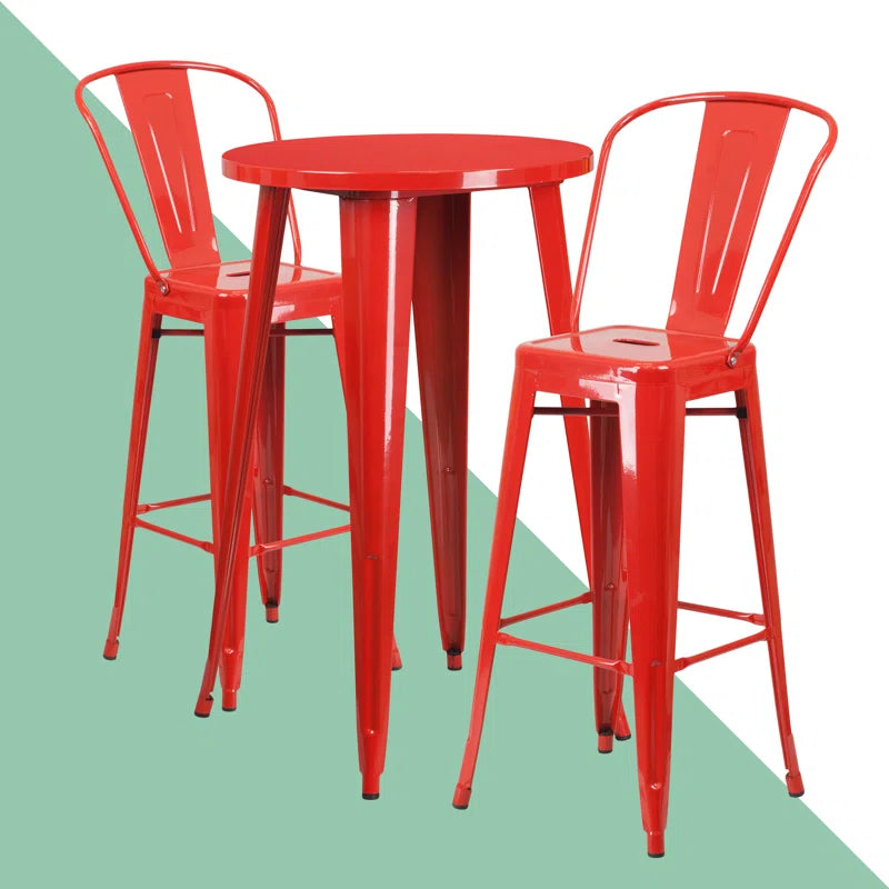 Genece Round Metal Indoor-Outdoor Bar Table Set with 2 Stools