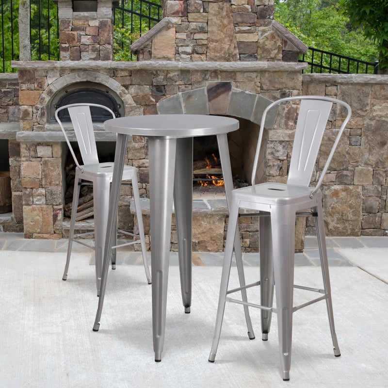 Genece Round Metal Indoor-Outdoor Bar Table Set with 2 Stools