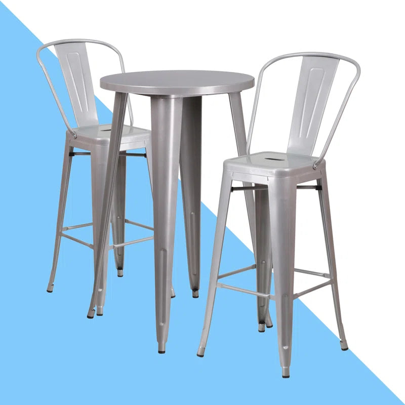 Genece Round Metal Indoor-Outdoor Bar Table Set with 2 Stools
