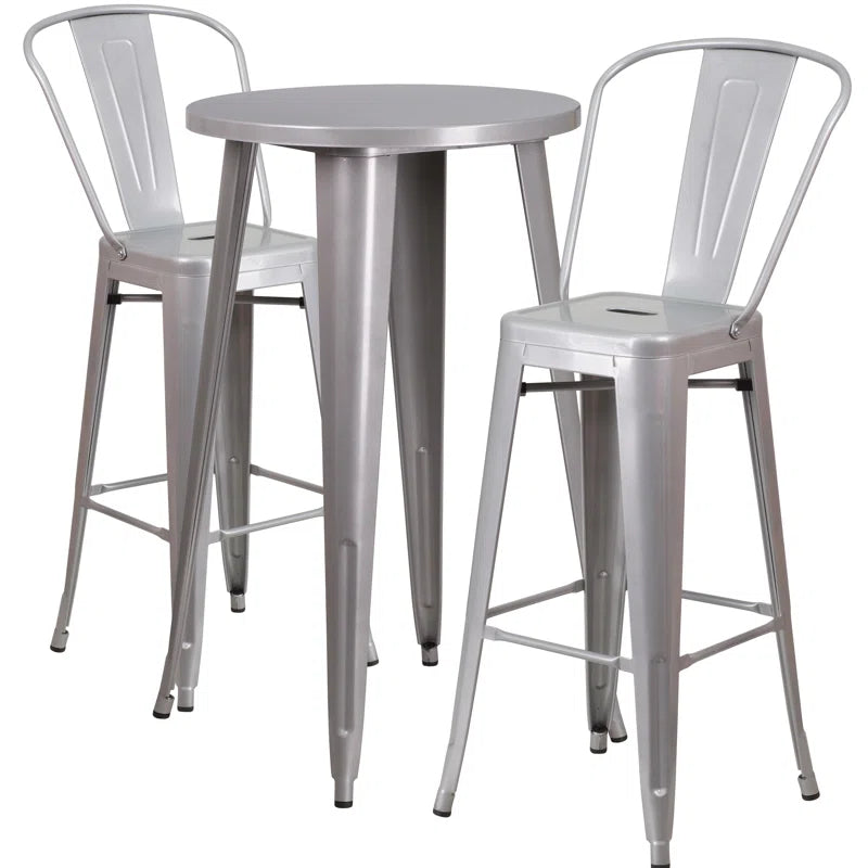 Genece Round Metal Indoor-Outdoor Bar Table Set with 2 Stools