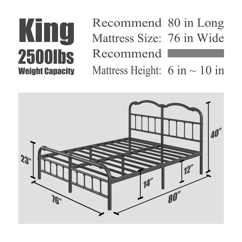 Oley Industrial Style 14"H Metal Black Bed Frames with Headboard & Footboard, No Box Spring Need & No Squeak