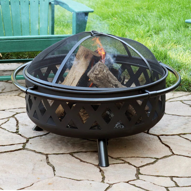 Jahidul Crossweave Round Wood-Burning Steel Outdoor Fire Pit with Screen - Black
