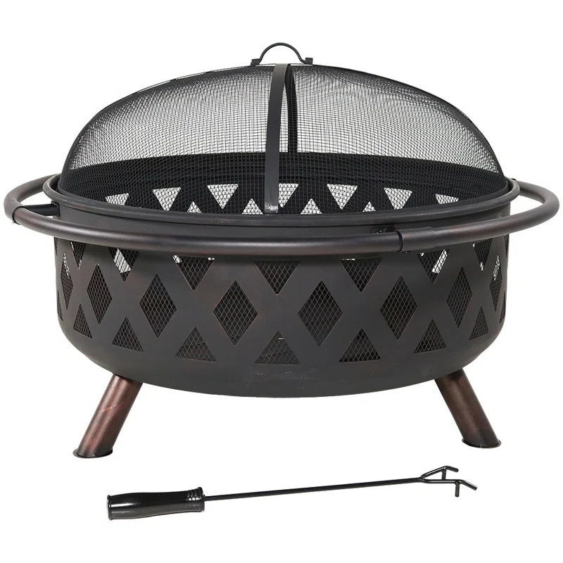 Jahidul Crossweave Round Wood-Burning Steel Outdoor Fire Pit with Screen - Black
