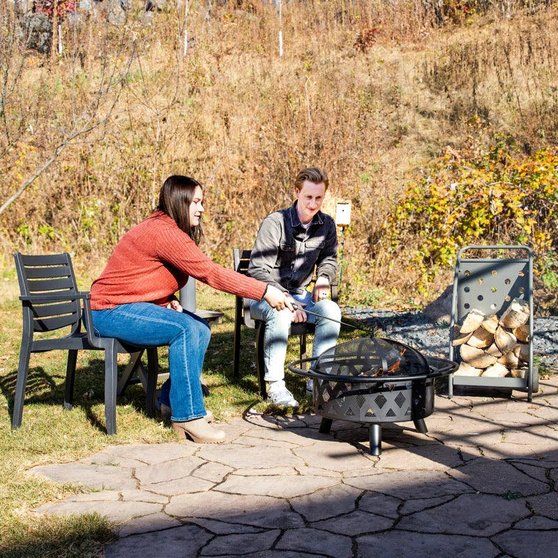 Jahidul Crossweave Round Wood-Burning Steel Outdoor Fire Pit with Screen - Black