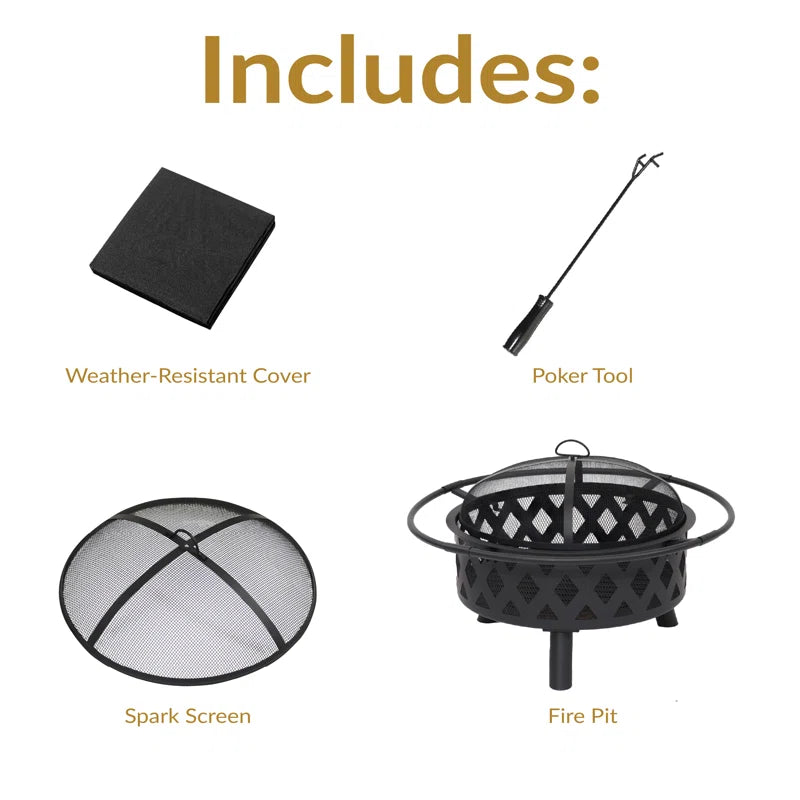Jahidul Crossweave Round Wood-Burning Steel Outdoor Fire Pit with Screen - Black