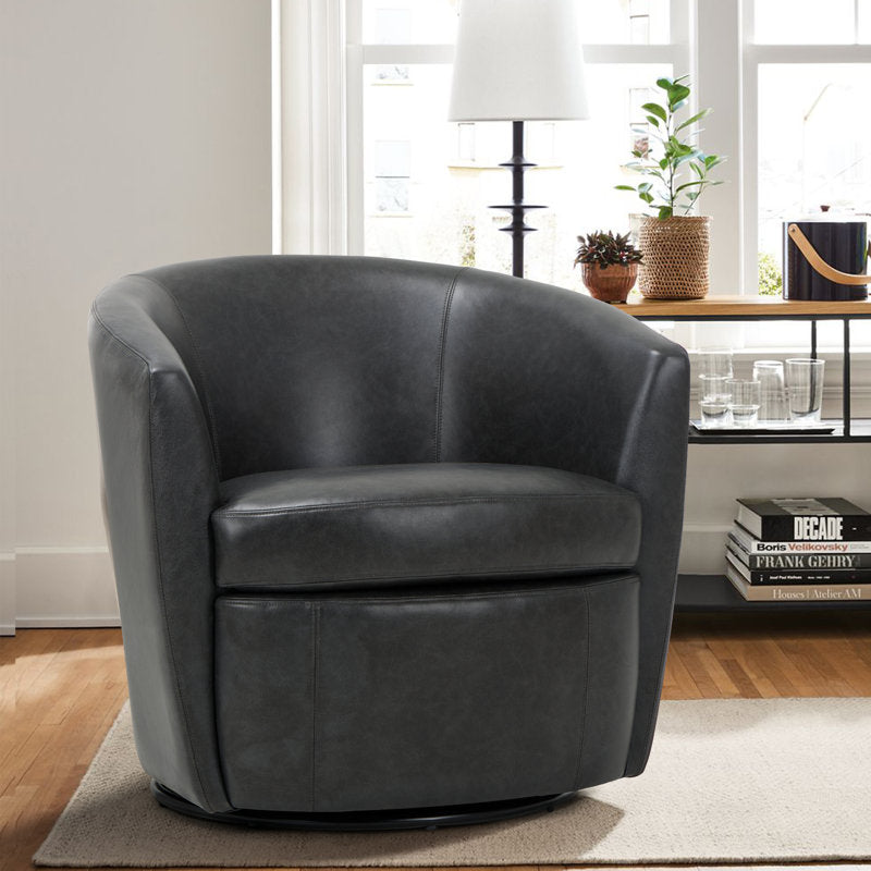Leather Upholstered Swivel Barrel Chair—No Assembly Required