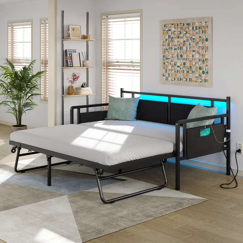 Merrylee Daybed with Pop Up Trundle,Metal Twin Daybed with Charging Station and LED Lights,Guest Bed with Storage for Adults