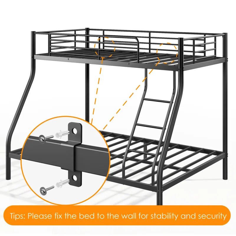 Metal Twin Over Full Standard Bunk Bed with Guardrails and Built-In Ladder