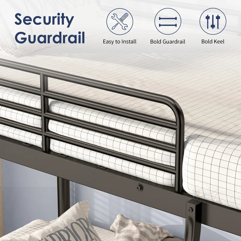 Metal Twin Over Full Standard Bunk Bed with Guardrails and Built-In Ladder