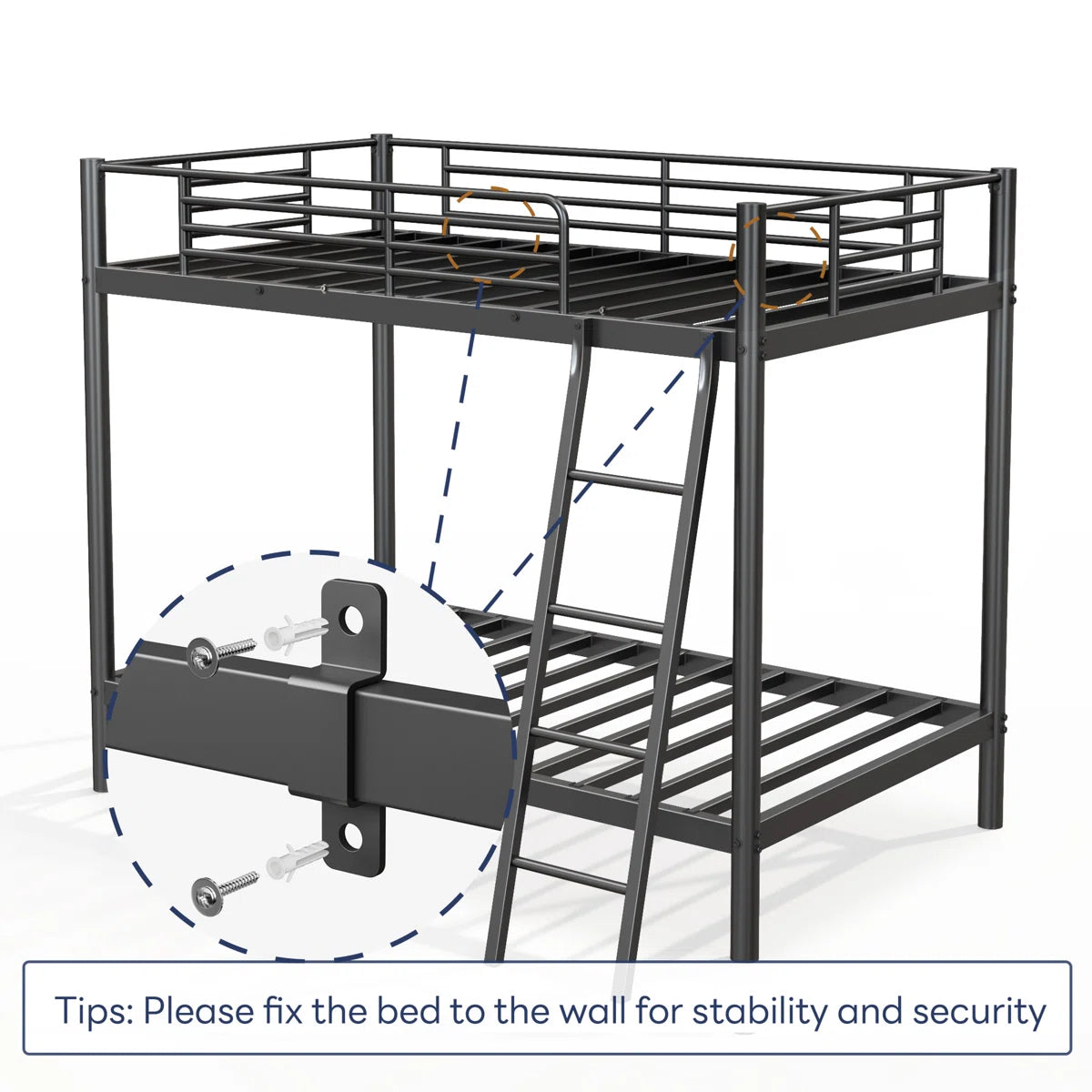 Metal Twin Over Full Standard Bunk Bed with Guardrails and Built-In Ladder