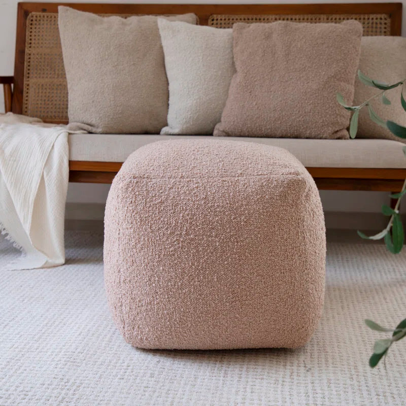 Nertila Mid-Century Modern Solid Handwoven Square Boucle Upholstered Ottoman Pouf