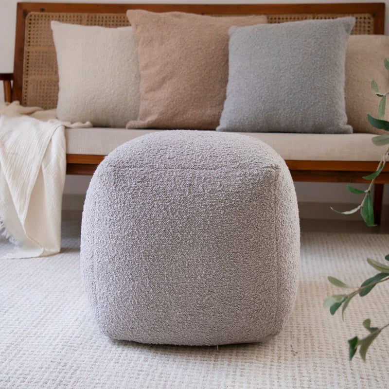 Nertila Mid-Century Modern Solid Handwoven Square Boucle Upholstered Ottoman Pouf
