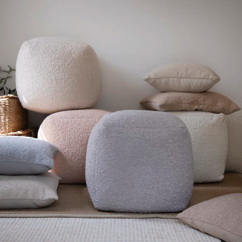 Nertila Mid-Century Modern Solid Handwoven Square Boucle Upholstered Ottoman Pouf