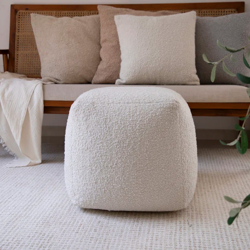 Nertila Mid-Century Modern Solid Handwoven Square Boucle Upholstered Ottoman Pouf