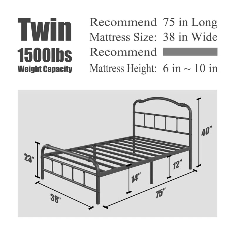 Oley Industrial Style 14"H Metal Black Bed Frames with Headboard & Footboard, No Box Spring Need & No Squeak