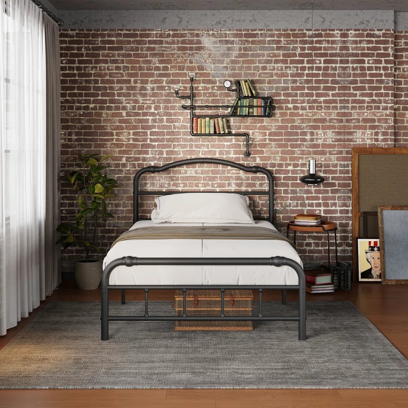 Oley Industrial Style 14"H Metal Black Bed Frames with Headboard & Footboard, No Box Spring Need & No Squeak