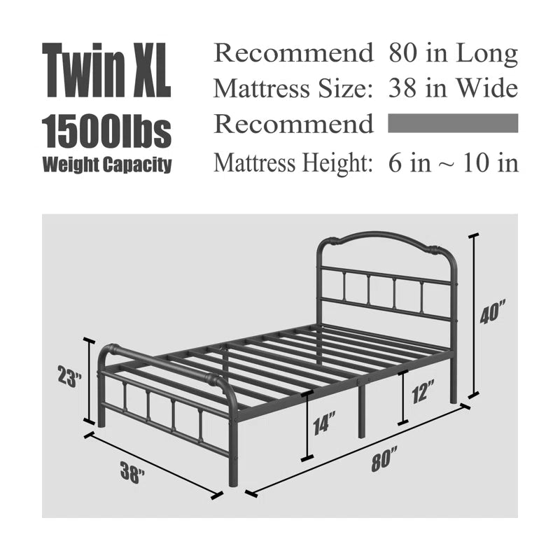 Oley Industrial Style 14"H Metal Black Bed Frames with Headboard & Footboard, No Box Spring Need & No Squeak
