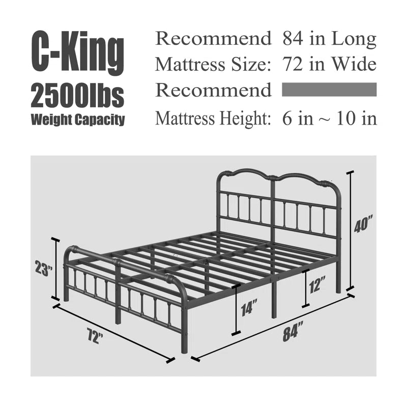 Oley Industrial Style 14"H Metal Black Bed Frames with Headboard & Footboard, No Box Spring Need & No Squeak