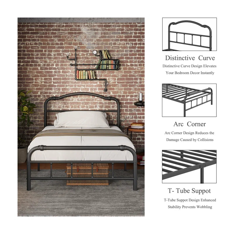 Oley Industrial Style 14"H Metal Black Bed Frames with Headboard & Footboard, No Box Spring Need & No Squeak