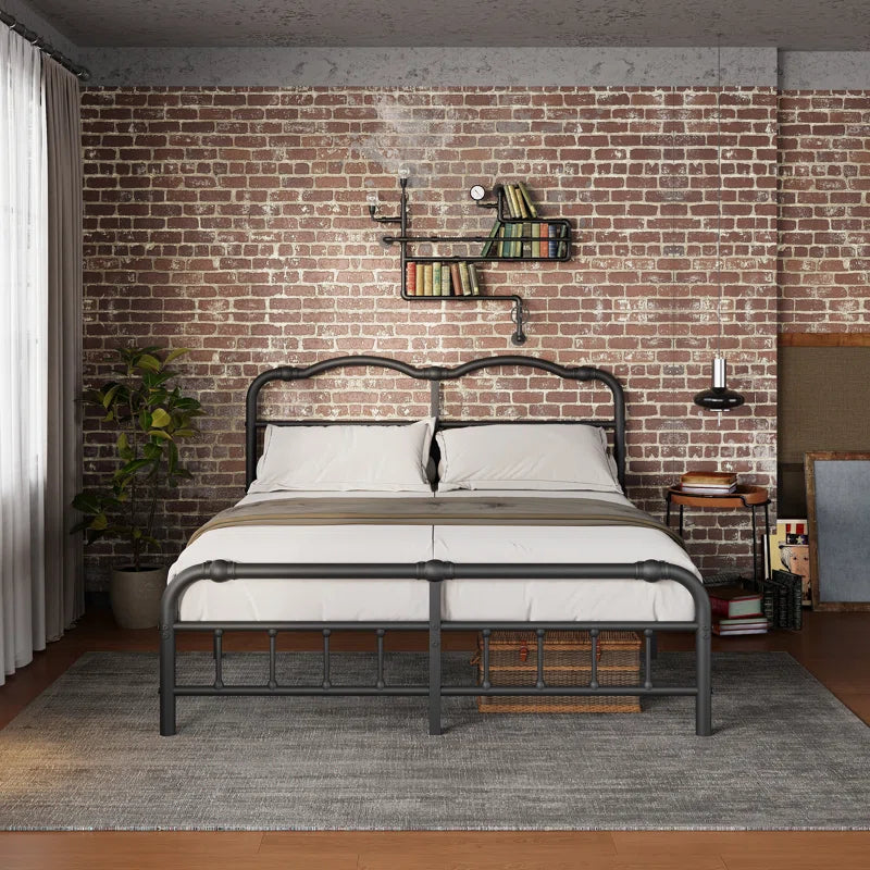 Oley Industrial Style 14"H Metal Black Bed Frames with Headboard & Footboard, No Box Spring Need & No Squeak