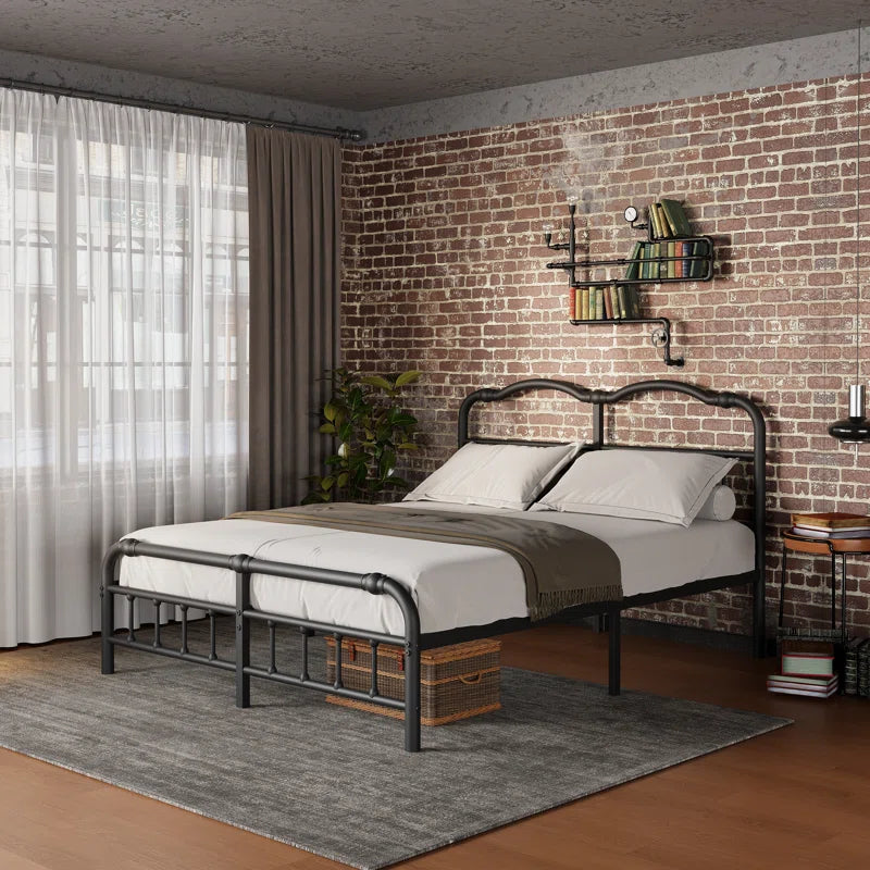 Oley Industrial Style 14"H Metal Black Bed Frames with Headboard & Footboard, No Box Spring Need & No Squeak