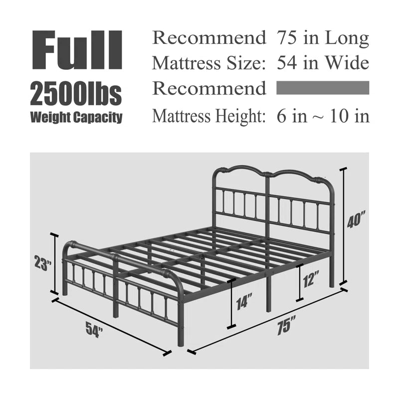 Oley Industrial Style 14"H Metal Black Bed Frames with Headboard & Footboard, No Box Spring Need & No Squeak