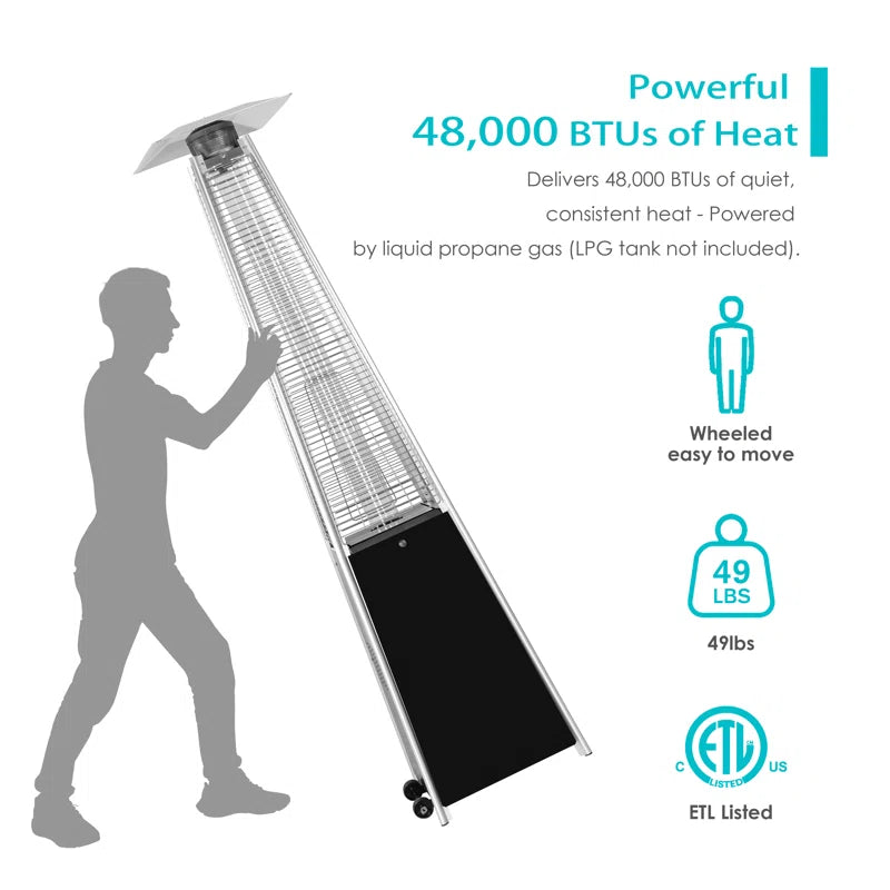 Outdoor 48,000 BTU Pyramid Propane Gas Patio Heater with Wheels, Powder-Coated Iron Frame
