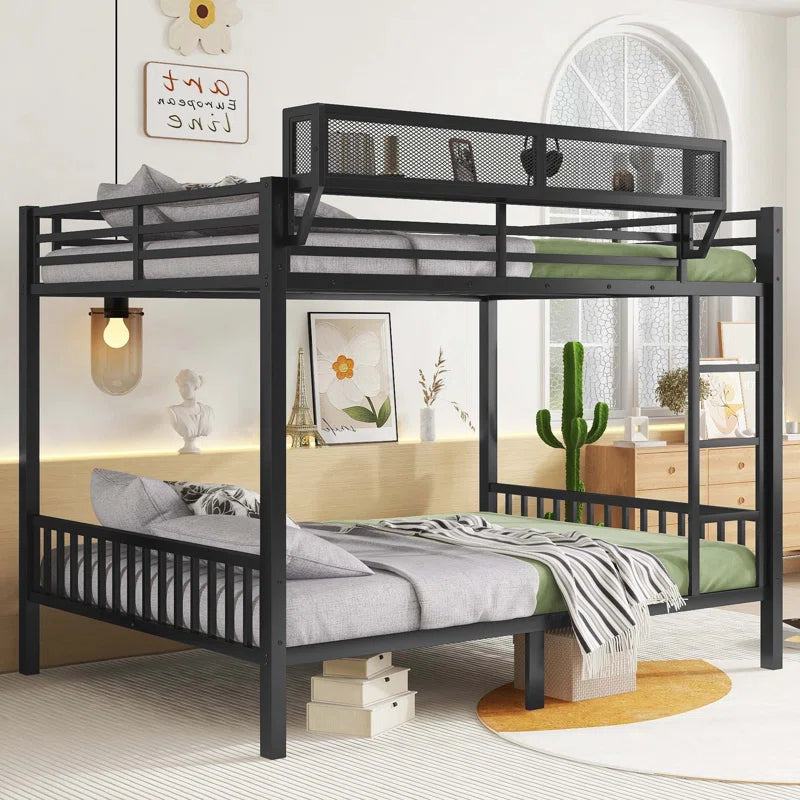 Queen Over Queen Metal Bunk Bed with Ladder and Storage Shelf, Ideal for Adults and Teens, Ensuring Comfort and Space Efficiency