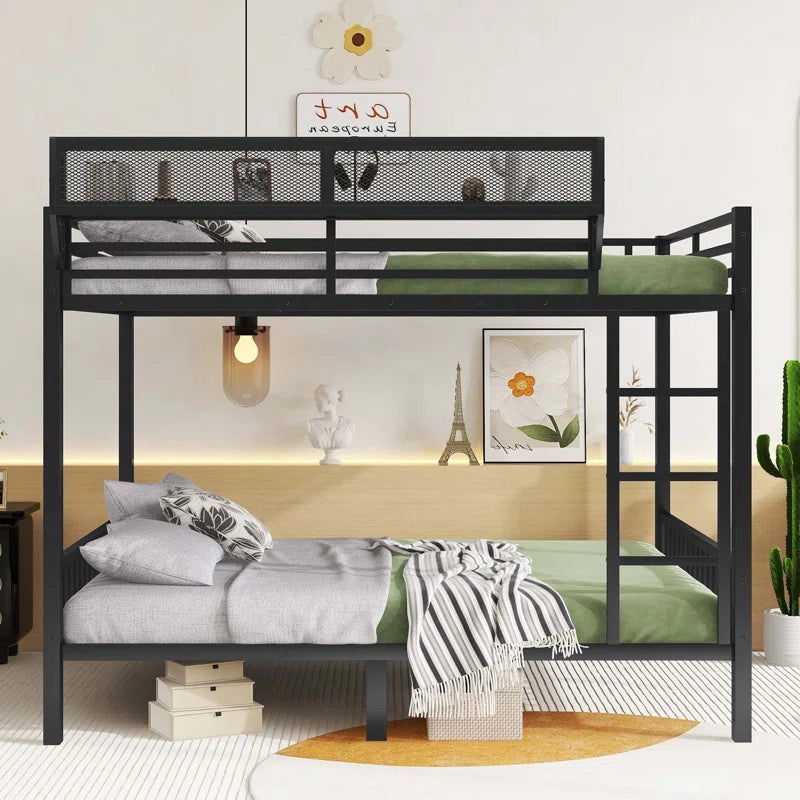 Queen Over Queen Metal Bunk Bed with Ladder and Storage Shelf, Ideal for Adults and Teens, Ensuring Comfort and Space Efficiency