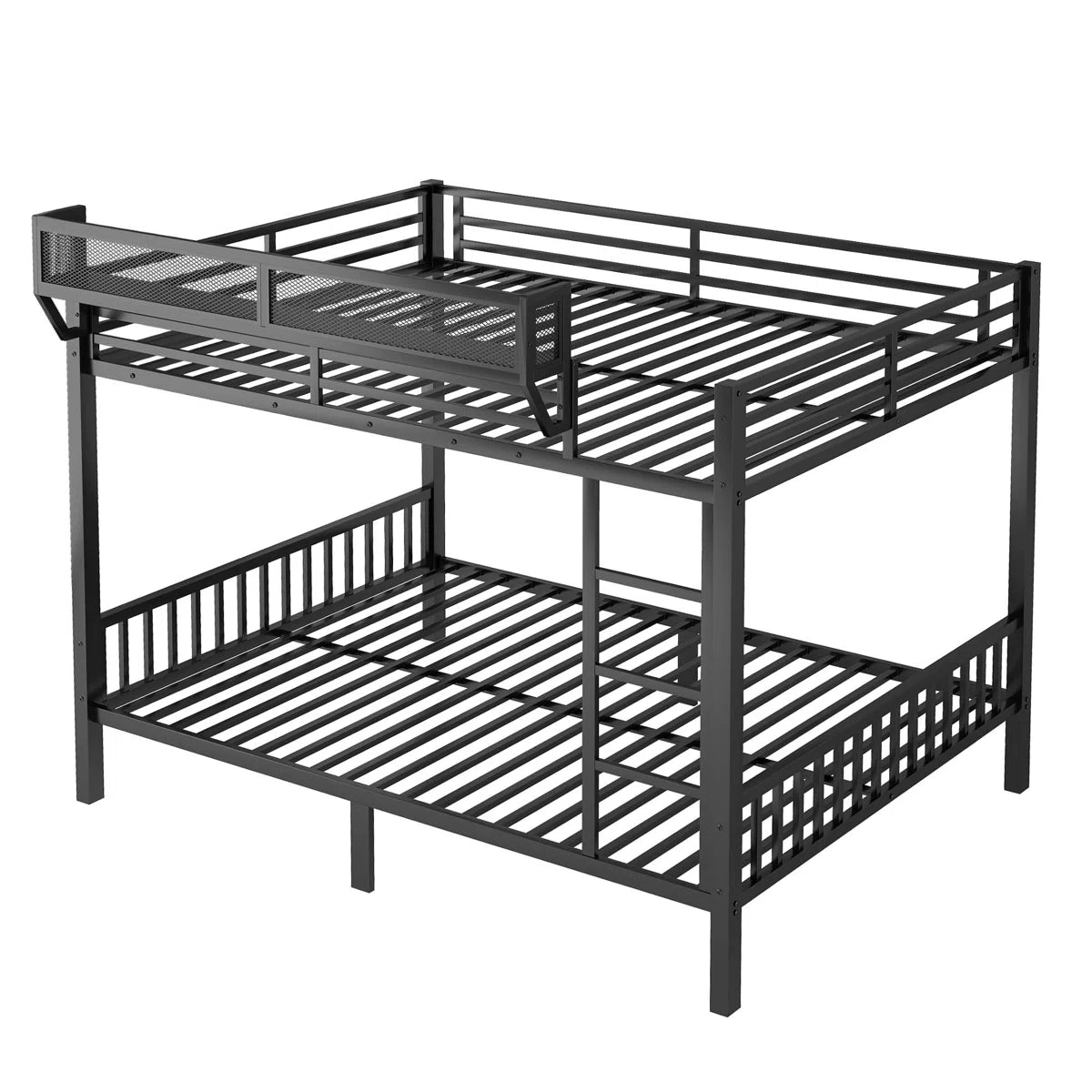 Queen Over Queen Metal Bunk Bed with Ladder and Storage Shelf, Ideal for Adults and Teens, Ensuring Comfort and Space Efficiency