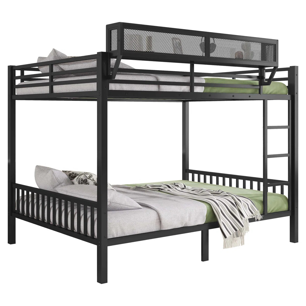Queen Over Queen Metal Bunk Bed with Ladder and Storage Shelf, Ideal for Adults and Teens, Ensuring Comfort and Space Efficiency
