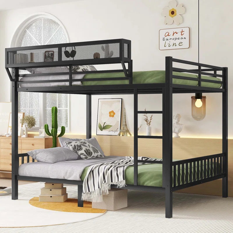 Queen Over Queen Metal Bunk Bed with Ladder and Storage Shelf, Ideal for Adults and Teens, Ensuring Comfort and Space Efficiency