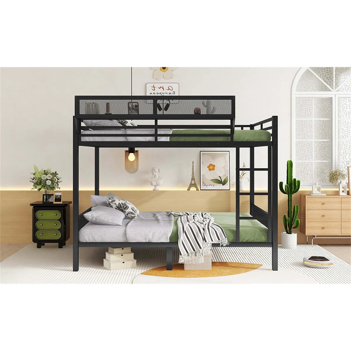 Queen Over Queen Metal Bunk Bed with Ladder and Storage Shelf, Ideal for Adults and Teens, Ensuring Comfort and Space Efficiency