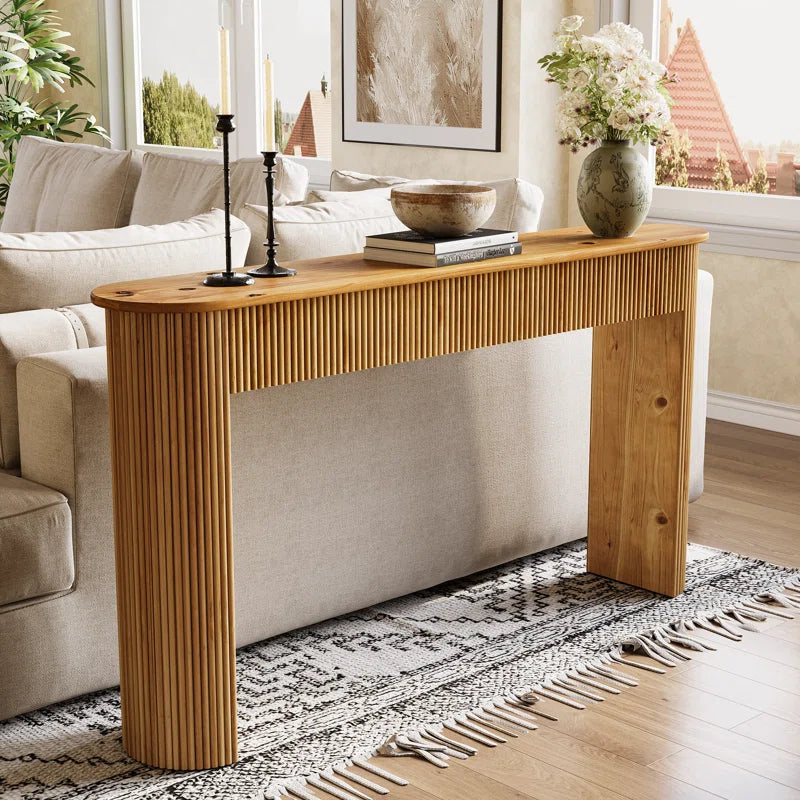 Solid Wood Console Table, 63" Fluted Entryway Table Sofa Table for Living Room, Hallway