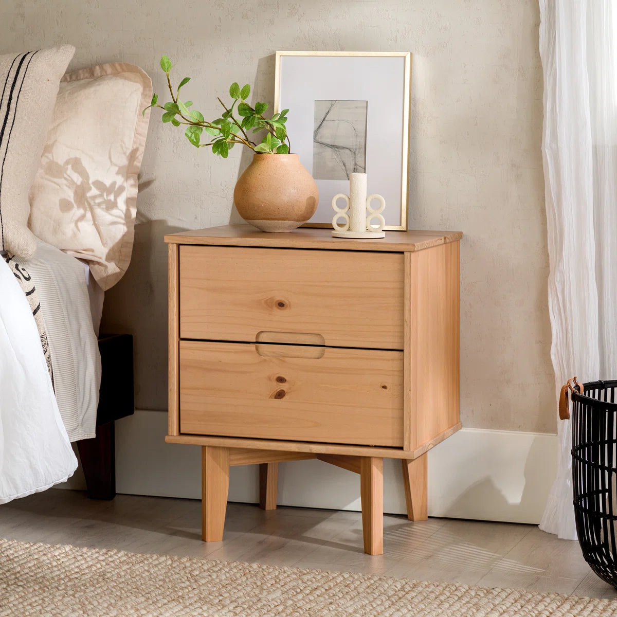 Solid Wood Groove 2-Drawer Nightstand