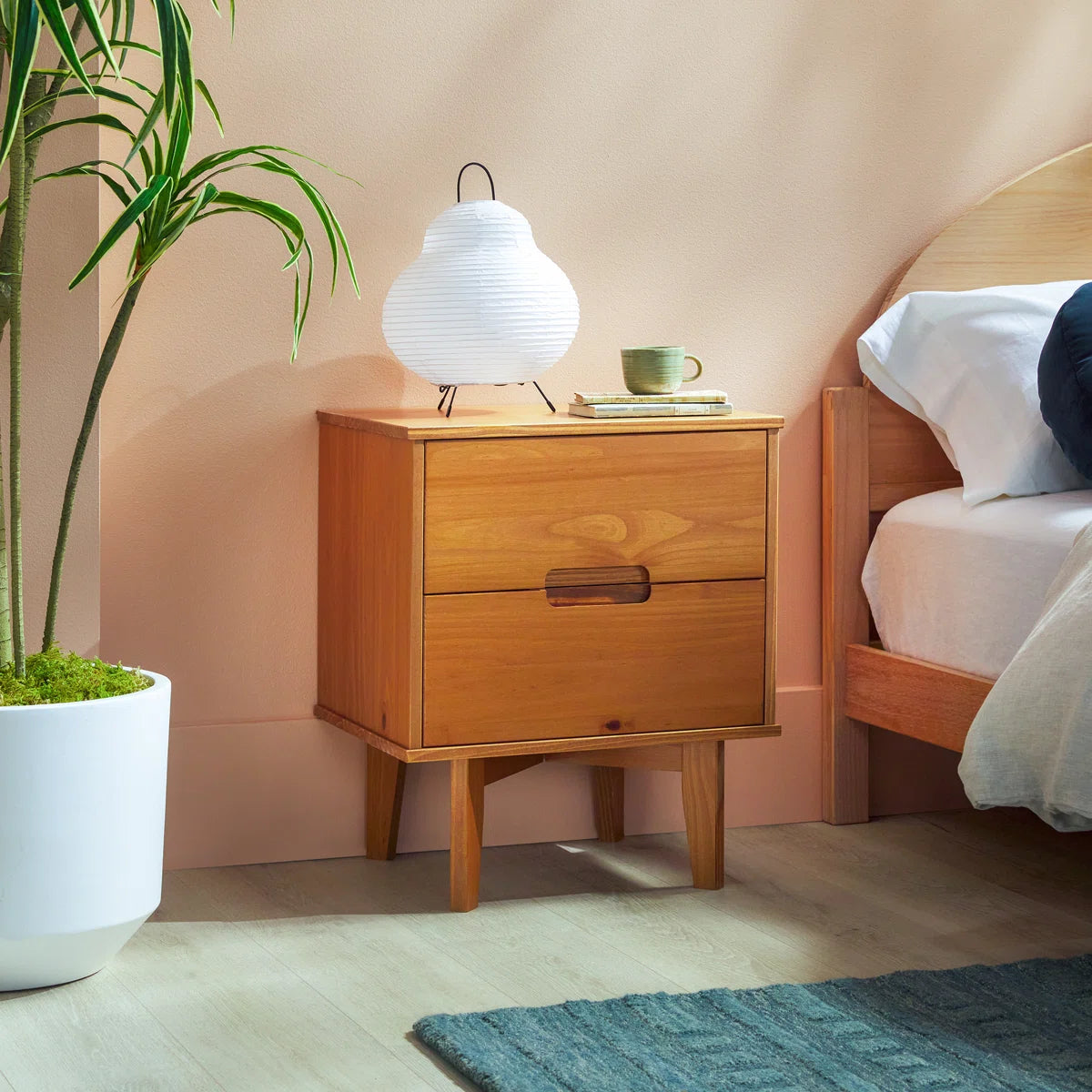 Solid Wood Groove 2-Drawer Nightstand