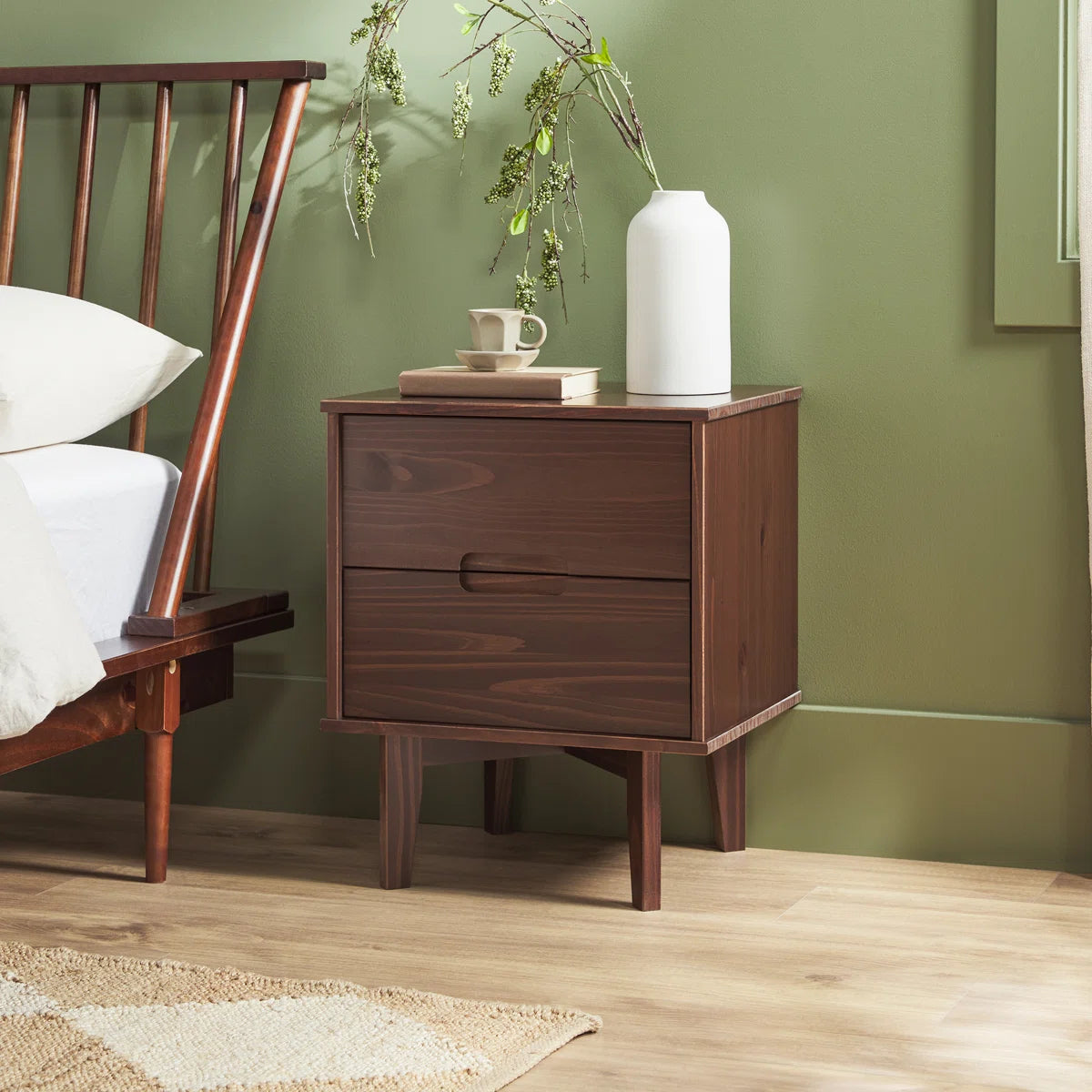 Solid Wood Groove 2-Drawer Nightstand