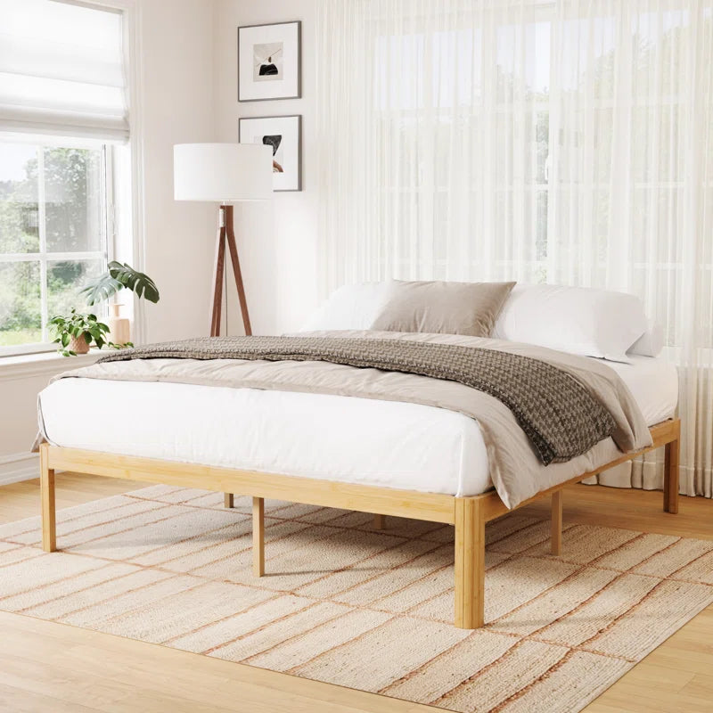 Solid Wood and Metal 14" Heavy Duty Bamboo Platform Bed Frame with Iron Legs
