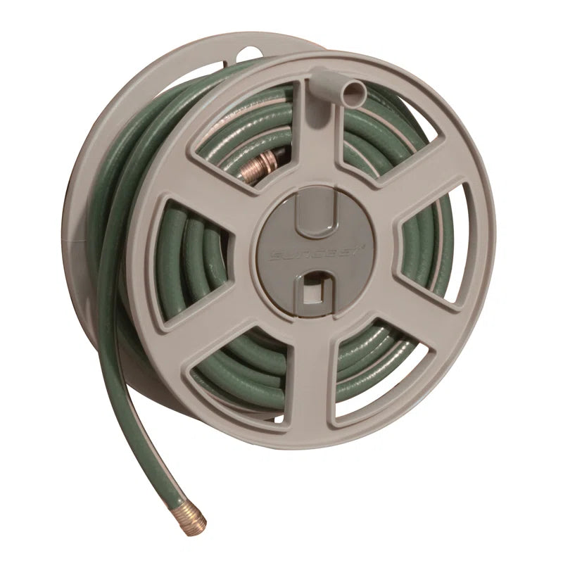 Suncast Sidewinder 100 Foot Wall Mount Garden Yard Outdoor Hose Reel, Taupe