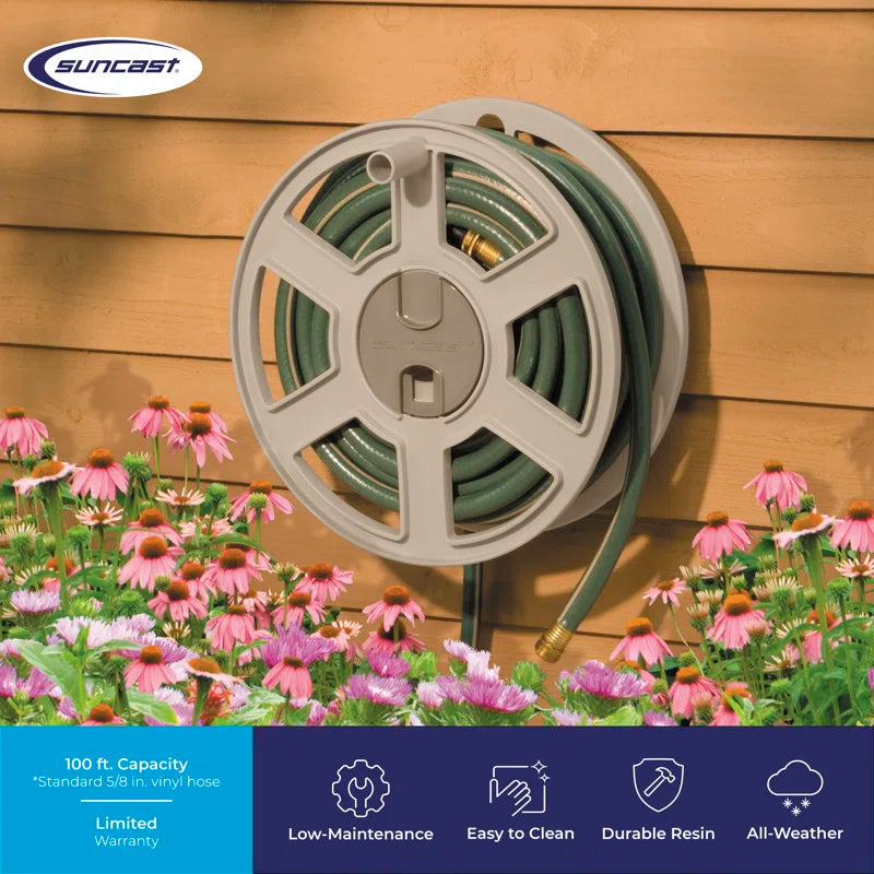 Suncast Sidewinder 100 Foot Wall Mount Garden Yard Outdoor Hose Reel, Taupe