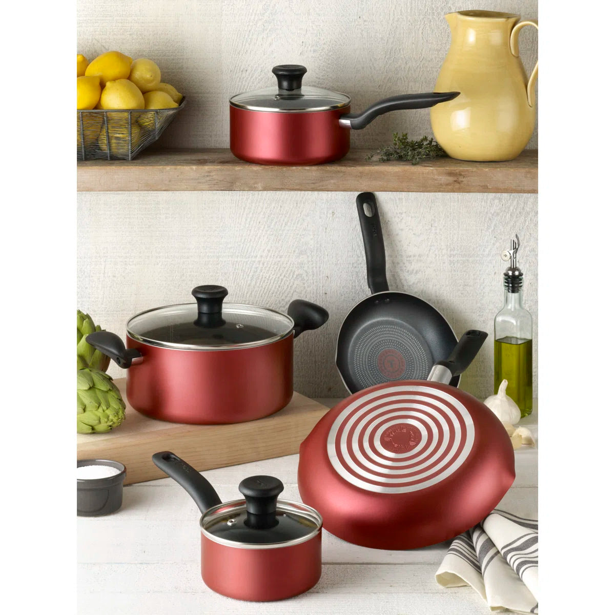 T-fal Initiatives 18 Piece Aluminum Nonstick Cookware Set & Cooking Utensils