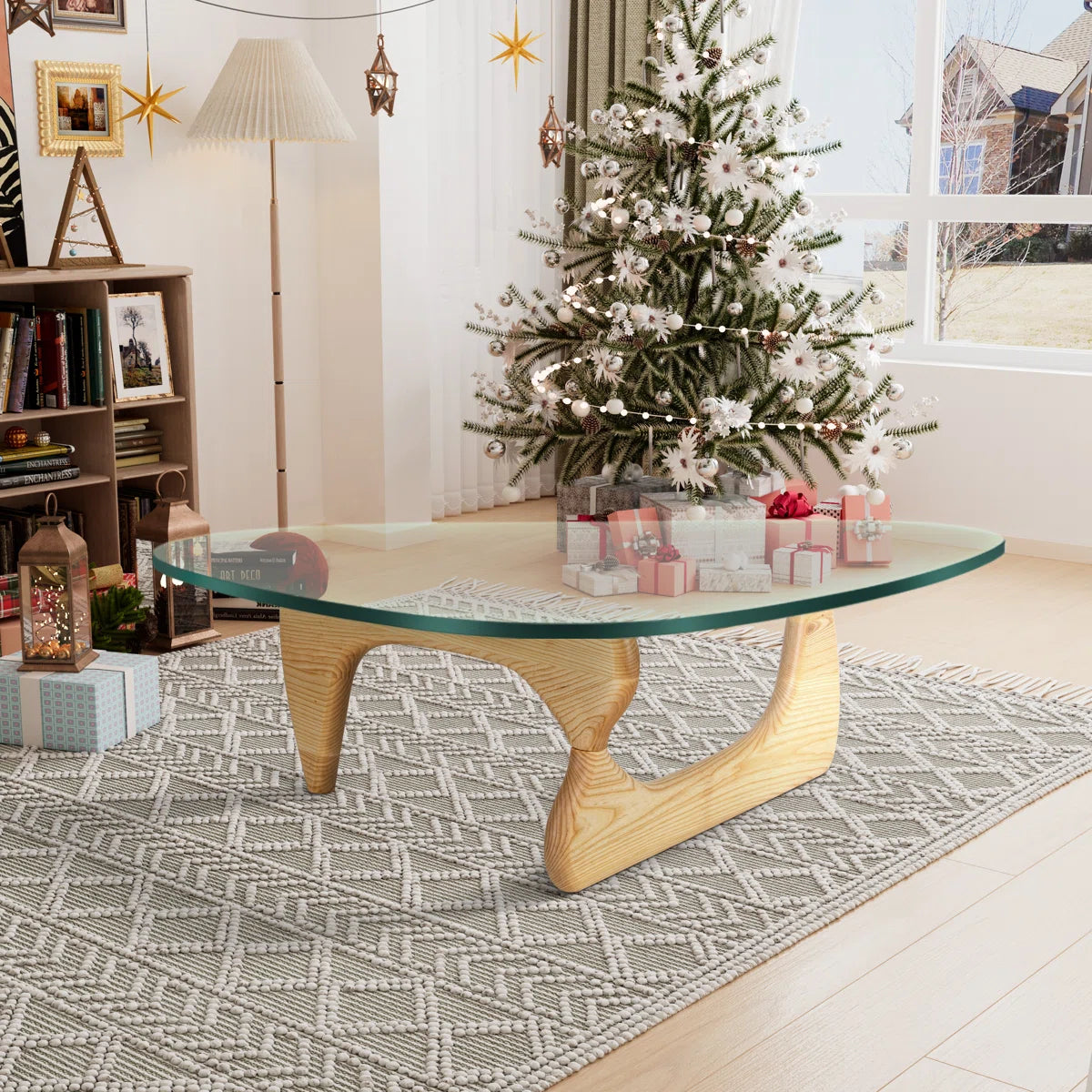 Triangle Glass Coffee Table with Wooden Base Clear Glass Top Mid-Century Abstract Glass Table