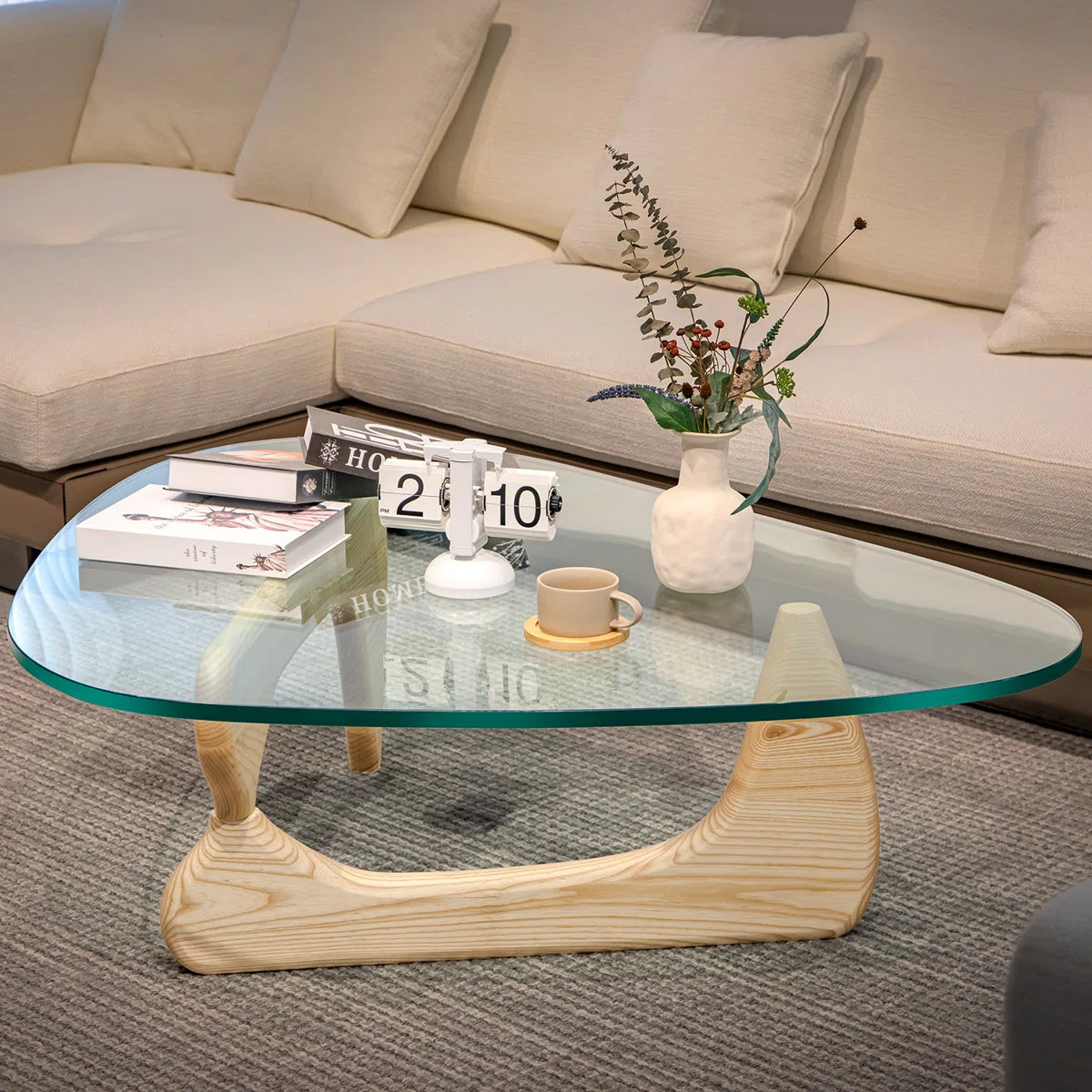 Triangle Glass Coffee Table with Wooden Base Clear Glass Top Mid-Century Abstract Glass Table