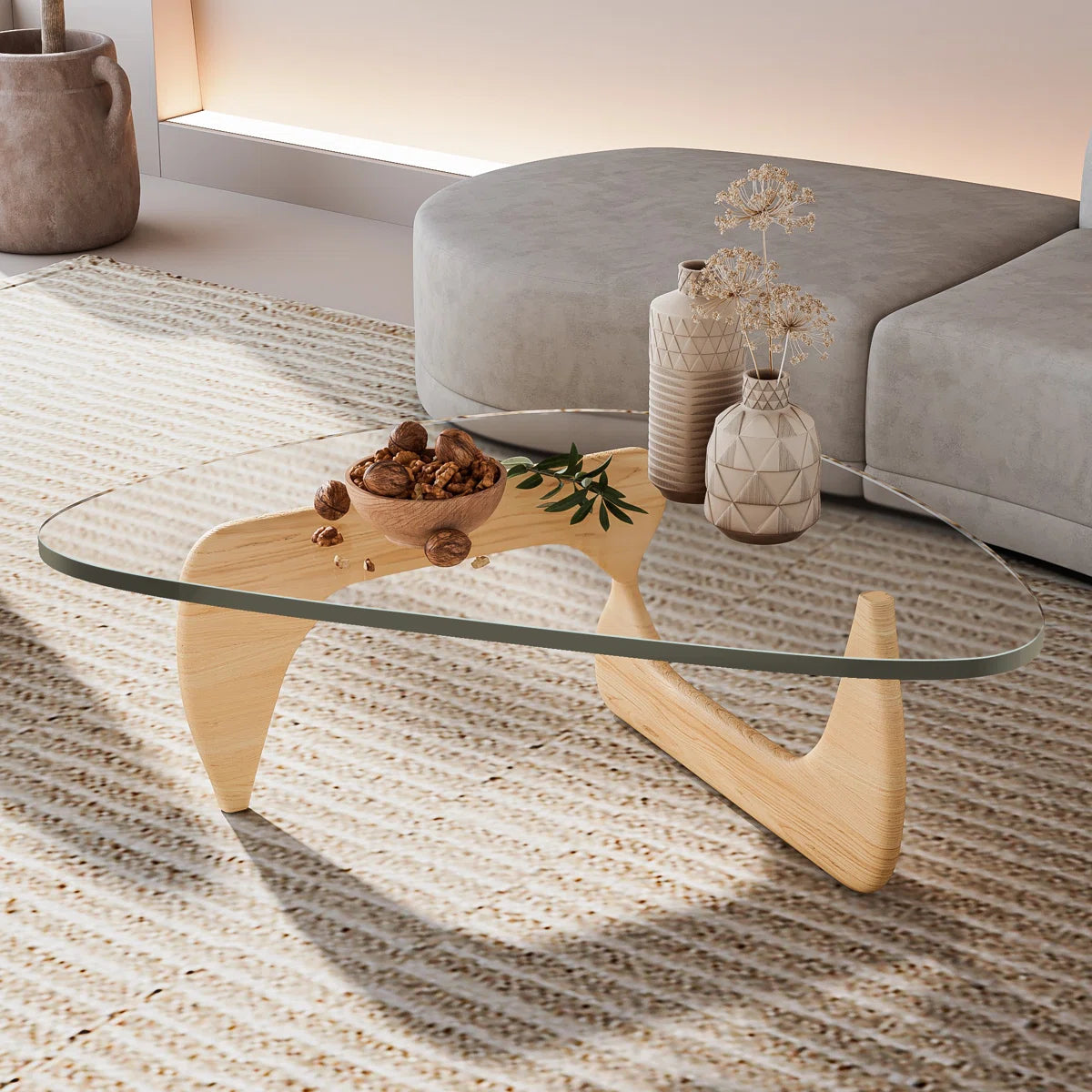 Triangle Glass Coffee Table with Wooden Base Clear Glass Top Mid-Century Abstract Glass Table