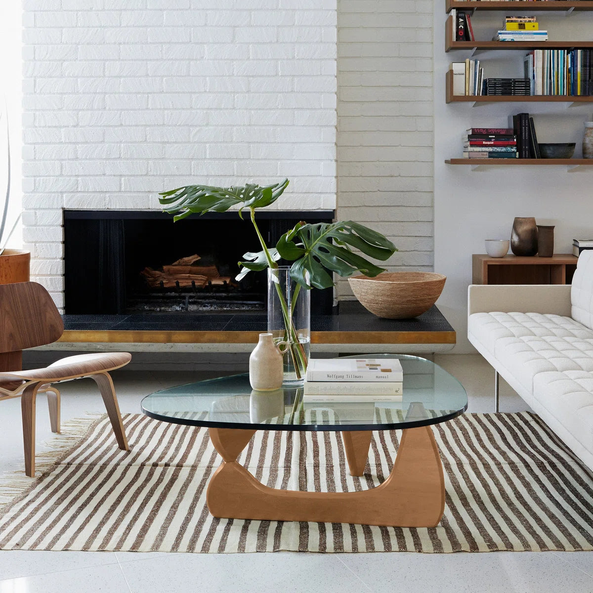 Triangle Glass Coffee Table with Wooden Base Clear Glass Top Mid-Century Abstract Glass Table