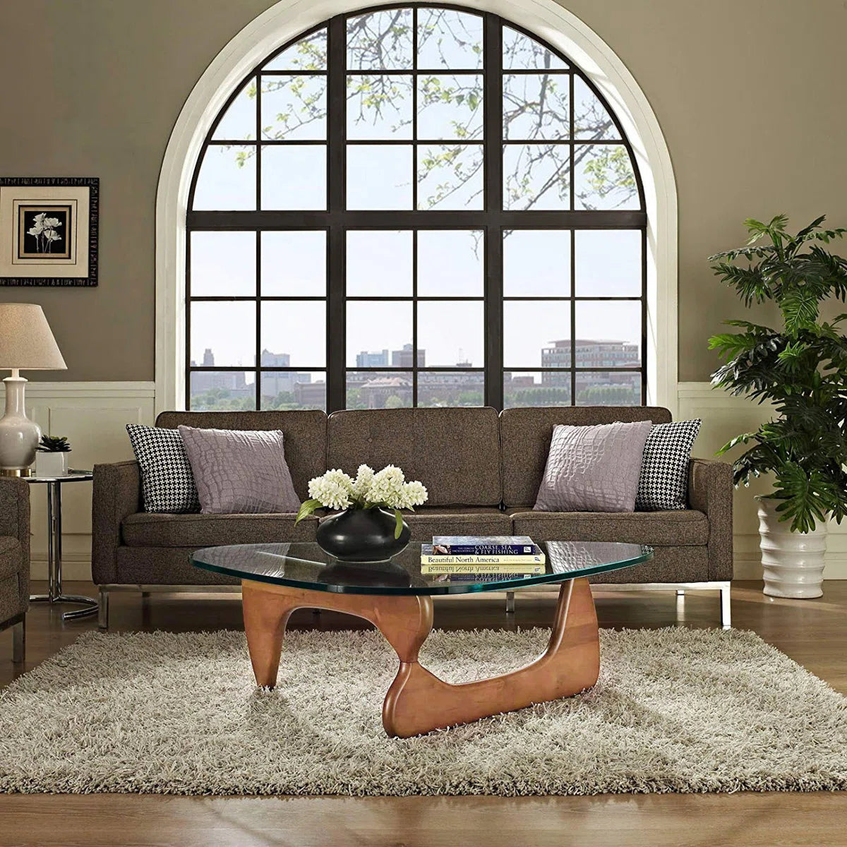 Triangle Glass Coffee Table with Wooden Base Clear Glass Top Mid-Century Abstract Glass Table